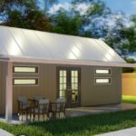 Two galvanized steel accessory dwelling units in Justin, Texas, surrounded by greenery and residential homes