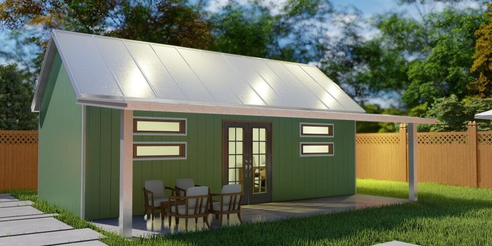 Exterior view of galvanized steel accessory dwelling units in La Paloma, Texas, showcasing modern design and sustainability