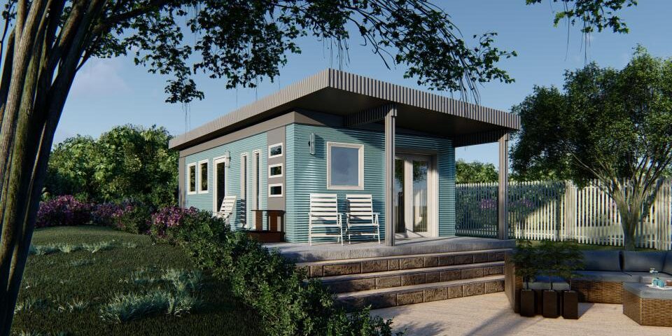 Modern galvanized steel accessory dwelling units in San Leon, Texas, showcasing innovative design and sustainable living