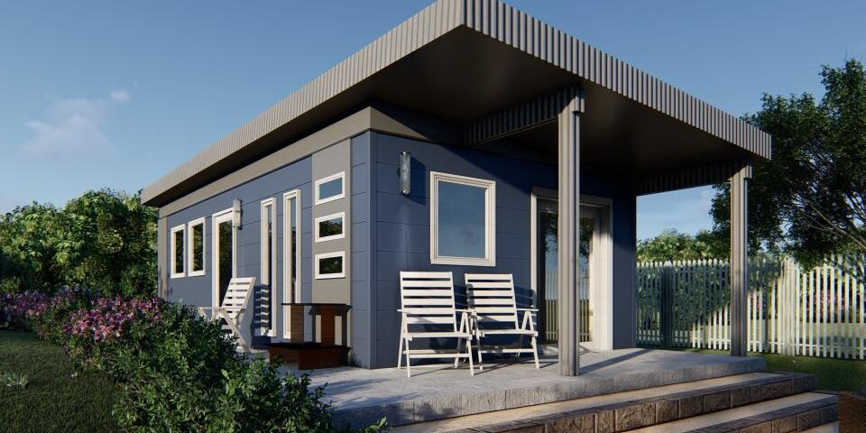 Exterior view of galvanized steel accessory dwelling units in Steamboat Springs, Colorado, showcasing modern design and scenic surroundings