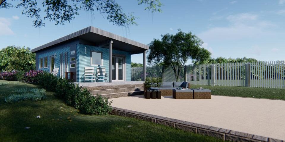 View of galvanized steel accessory dwelling units in Sterling, Colorado showcasing modern design and durability