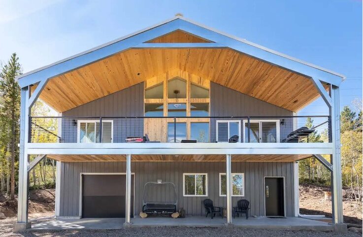 Exterior view of galvanized steel barndominiums in Alief, Texas showcasing modern design and rural charm