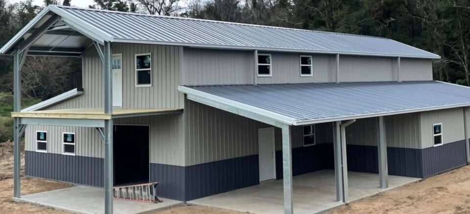 Exterior view of galvanized steel barndominiums in Anna, Texas, showcasing modern design and rural charm