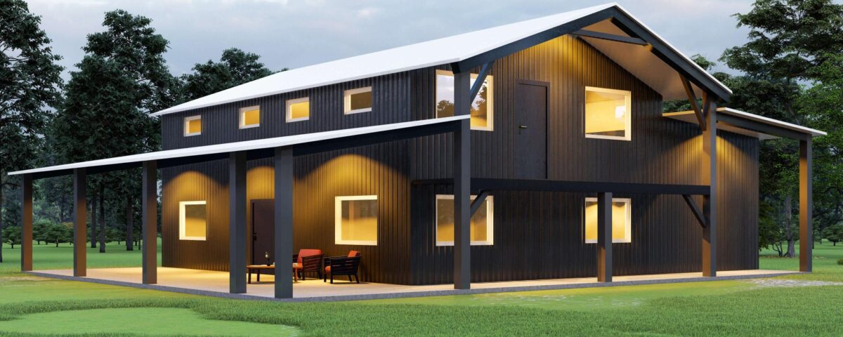 Exterior view of galvanized steel barndominiums in Lampasas, Texas showcasing unique design and rural charm