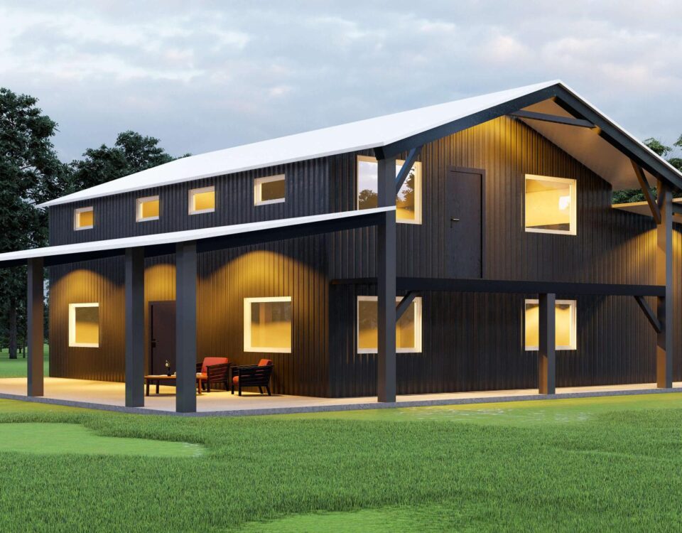 Exterior view of galvanized steel barndominiums in Lampasas, Texas showcasing unique design and rural charm