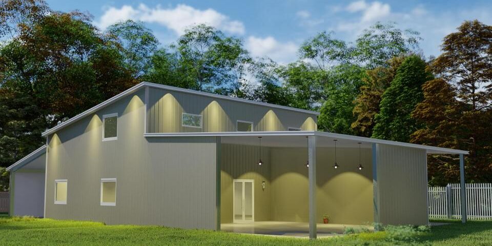 Exterior view of galvanized steel barndominiums in Mount Pleasant, Texas showcasing modern design and rural charm