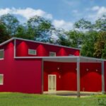 Exterior view of galvanized steel barndominiums in New Braunfels, Texas showcasing modern design and rustic charm