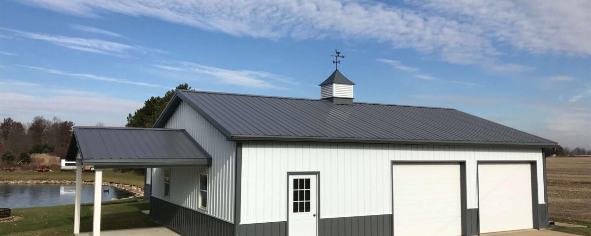 Exterior view of galvanized steel barndominiums in Rocky Ford, Colorado, showcasing modern design and rural charm