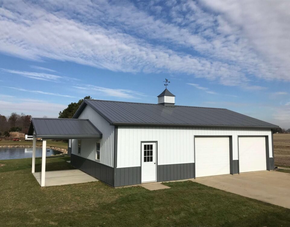 Exterior view of galvanized steel barndominiums in Rocky Ford, Colorado, showcasing modern design and rural charm