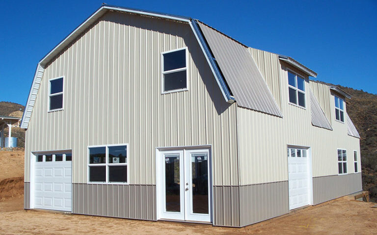 Stylish galvanized steel barndominiums in Roxborough Park, Colorado, showcasing modern design and rustic charm