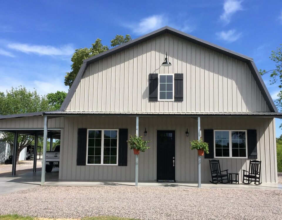 Beautifully designed galvanized steel barndominiums in San Diego, Texas, showcasing modern architecture and rural charm