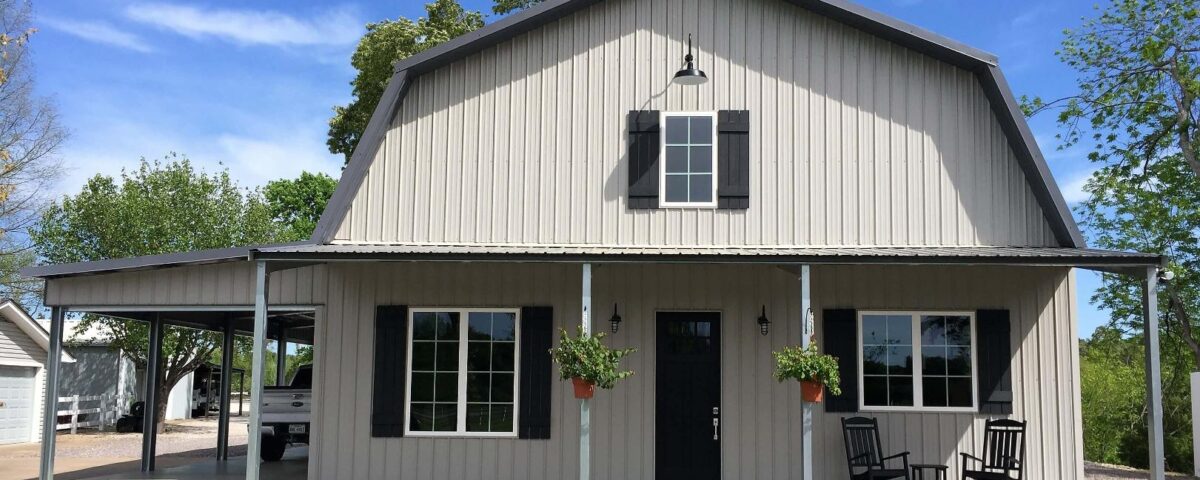 Exterior view of galvanized steel barndominiums in San Elizario, Texas, showcasing modern design and rural charm