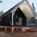 Modern galvanized steel cabins in Castle Pines, Colorado, showcasing unique architecture against a scenic backdrop