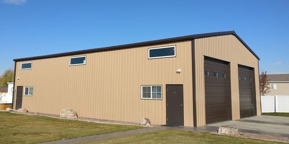 Exterior view of galvanized steel shops in Mathis, Texas showcasing modern construction and durable materials