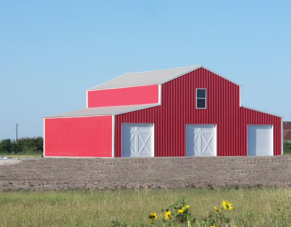 Exterior view of galvanized steel shops in Pittsburg, Texas, showcasing modern design and durable construction