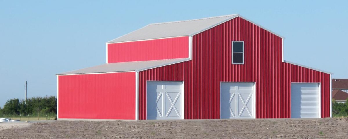 Exterior view of galvanized steel shops in Plano, Texas, showcasing their modern design and sturdy construction