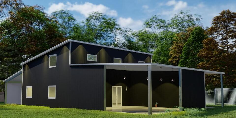 Stunning view of galvanized steel barndominiums in Gold Canyon, Arizona, showcasing modern design and natural surroundings