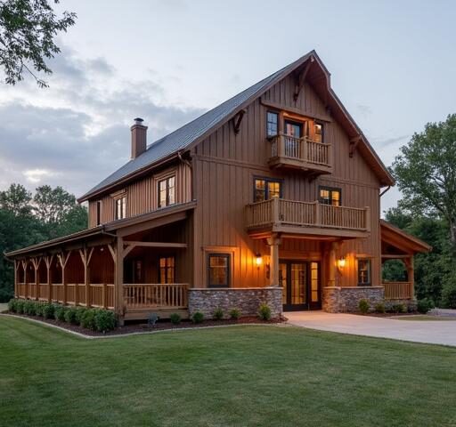 Exterior view of a beautiful 2 story barndominium with modern design and rustic charm.