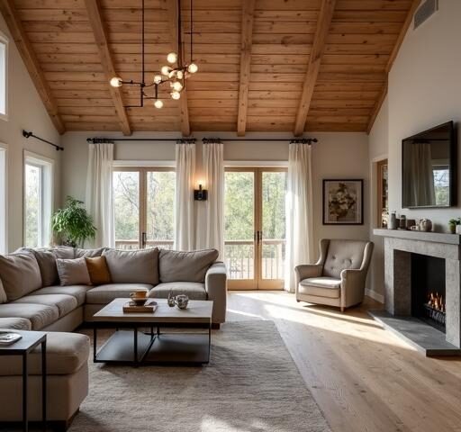 Spacious 3 bed 2 bath barndominium showcasing modern design with rustic charm and open living areas.