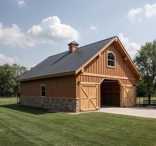Beautiful 30X40 barndominium showcasing modern design and rustic charm in a serene countryside setting.