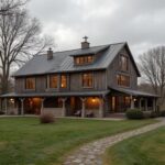 A stunning barndominium farmhouse nestled in a pastoral setting, showcasing rustic charm and modern living.