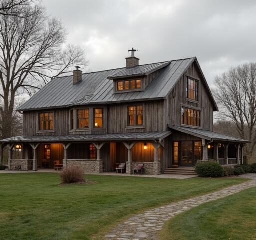 A stunning barndominium farmhouse nestled in a pastoral setting, showcasing rustic charm and modern living.