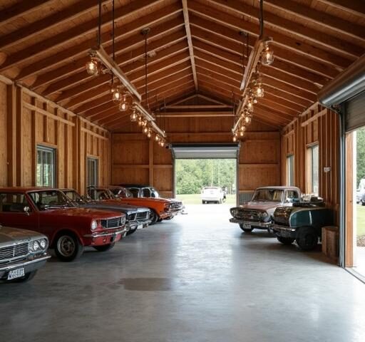 A spacious barndominium garage with ample storage and modern design features.
