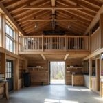 Spacious barndominium garage with loft features ample storage and rustic charm.