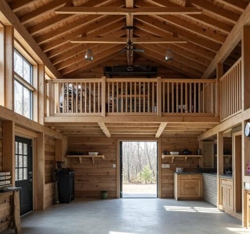 Spacious barndominium garage with loft features ample storage and rustic charm.