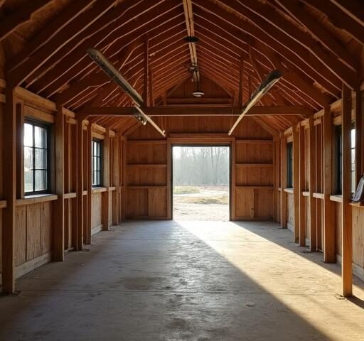 Spacious and modern barndominium inside, showcasing open living areas and rustic decor.
