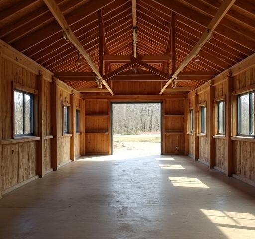 Cozy barndominium interior featuring rustic wood beams and modern furnishings for a welcoming atmosphere.