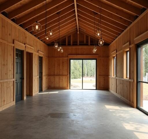 Stylish barnhouse living area showcasing innovative barndominium interior design with open spaces and rustic decor.