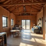 Stylish barndominium interiors featuring rustic wood beams and modern decor in a cozy living space.