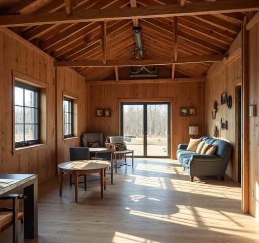 Stylish barndominium interiors featuring rustic wood beams and modern decor in a cozy living space.