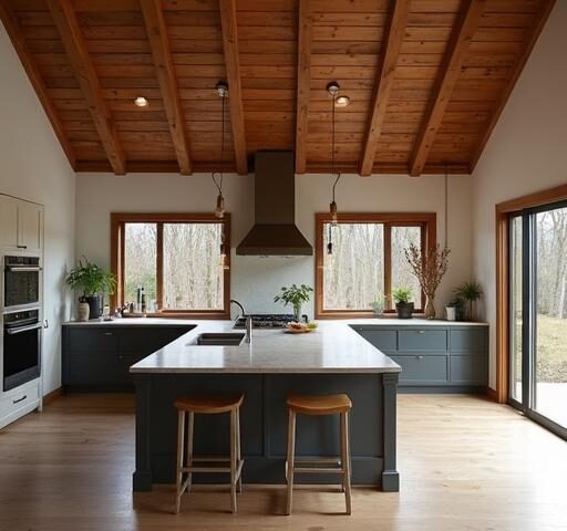 Modern farm-style barndominium kitchen featuring rustic wood beams and stainless steel appliances.