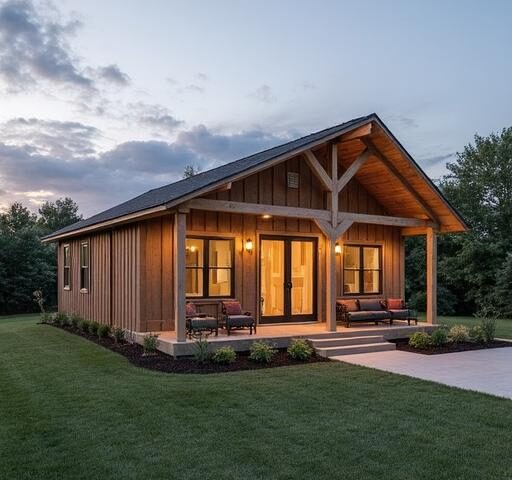 A stunning barndominium manufactured home showcasing modern design and rustic charm in a scenic rural setting.