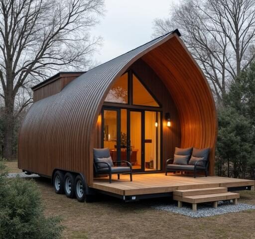 A modern barndominium mobile home showcasing sleek design and spacious interior in a scenic rural setting.