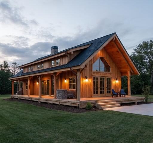 A modern barn-style barndominium modular home featuring a spacious porch and beautiful landscaping.