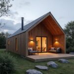 Modern barn style living space with BARNDOMINIUM PREFAB design featuring large windows and rustic materials.