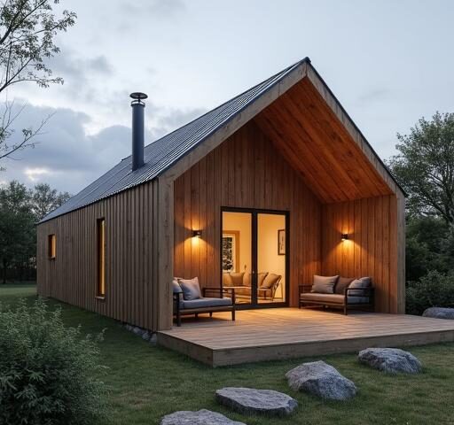 Modern barn style living space with BARNDOMINIUM PREFAB design featuring large windows and rustic materials.