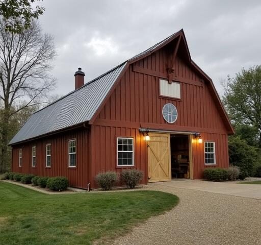 A detailed view of barn-style homes showcasing varying barndominium prices and architectural designs.