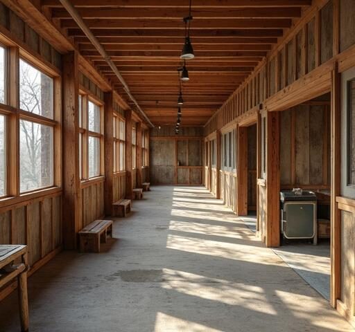 A spacious barndominium with a basement showcasing modern design and rustic charm.