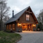 A spacious barndominium with garage showcasing modern architecture and rustic charm in a picturesque countryside setting.