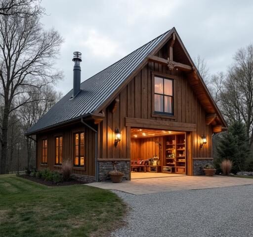 A spacious barndominium with garage showcasing modern architecture and rustic charm in a picturesque countryside setting.