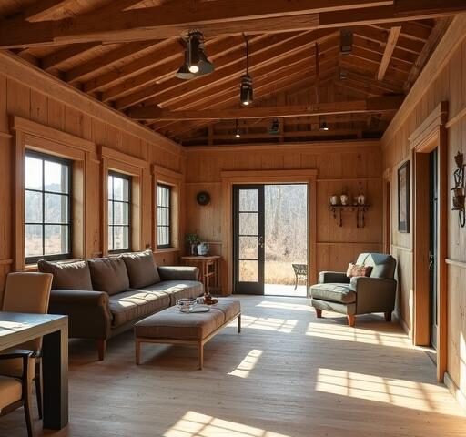 A cozy barndominium with loft space, featuring rustic design and expansive windows for natural light.