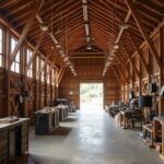 A spacious barndominium with shop, showcasing modern design and rustic charm under a clear blue sky.