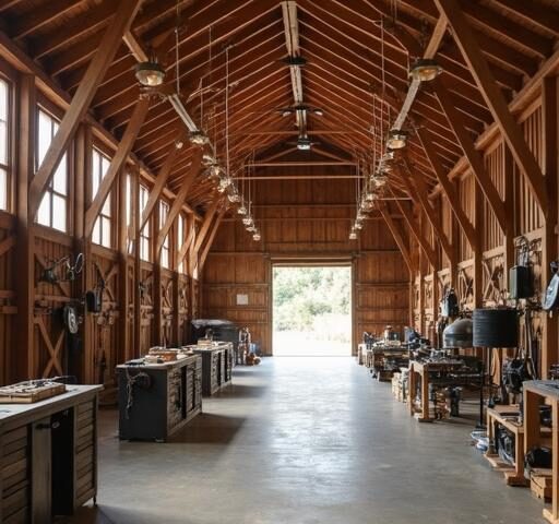 A spacious barndominium with shop, showcasing modern design and rustic charm under a clear blue sky.