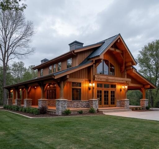 A stunning barndominium with wrap around porch showcasing modern design and rustic charm.