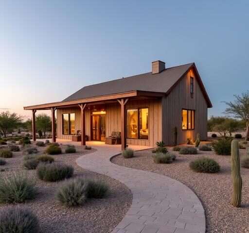 A scenic view of barndominiums in Arizona showcasing unique architecture and desert landscapes.