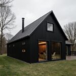Exterior view of a stylish black barndominium surrounded by lush landscaping and clear blue skies.